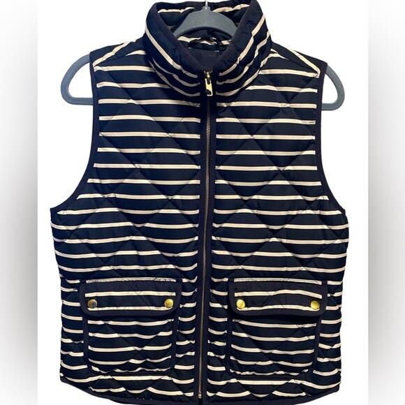J. Crew Down Puffer Vest Women’s Size M Navy White Stripes Feathers High Quality - Picture 1 of 11